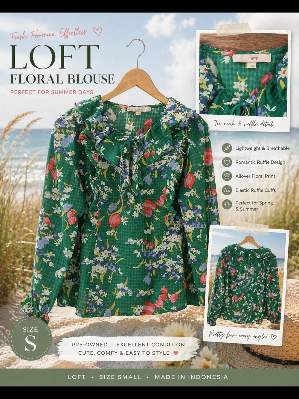 2for 25 ! Mothers Day! LOFT Green Floral Ruffle Blouse - Small